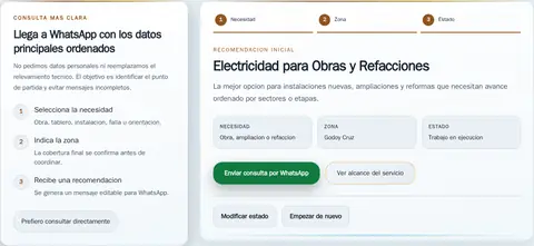 JM Soluciones interactive guide result with a service recommendation, selected area, and work status.