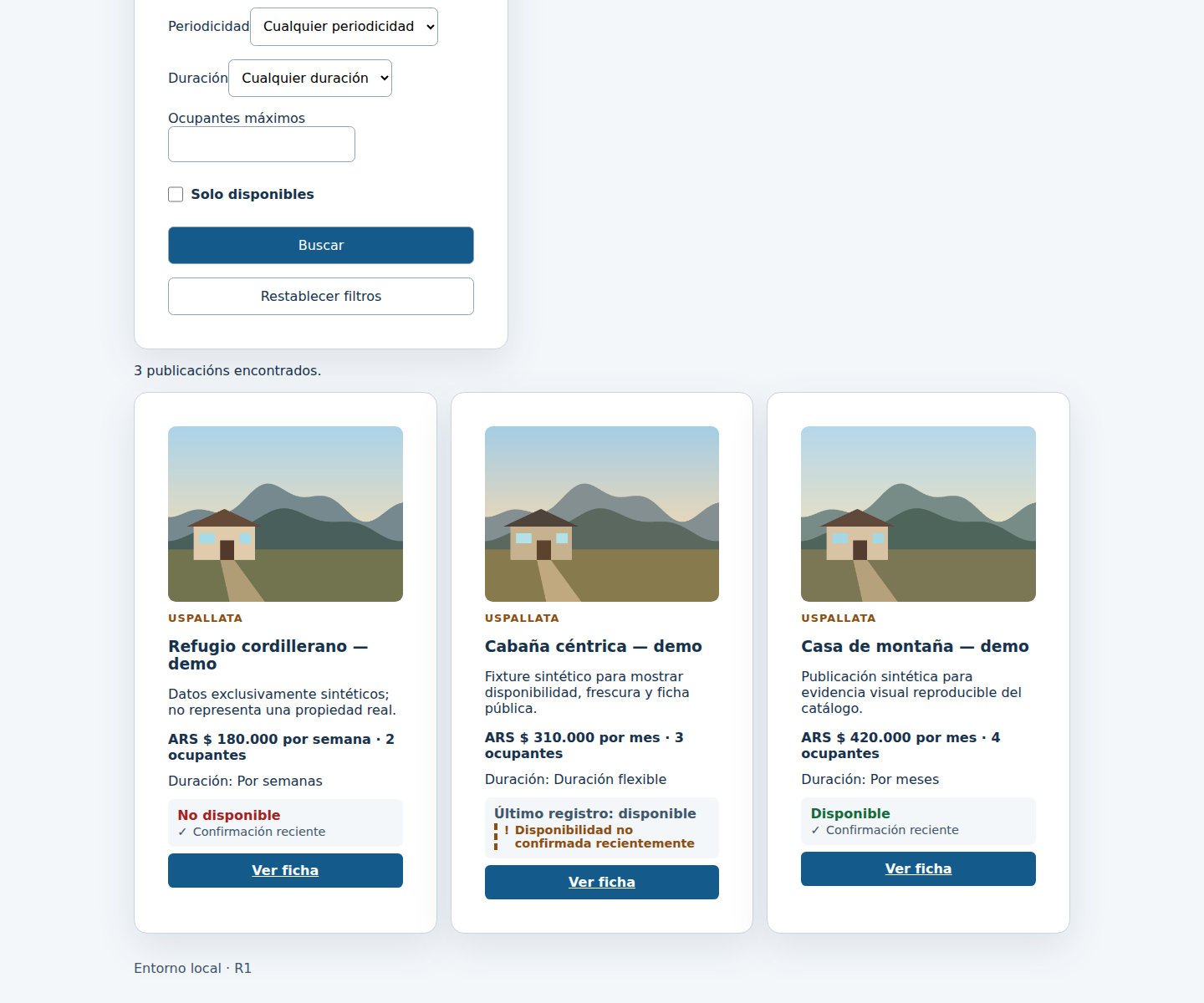 Alquileres Uspallata public catalog with demo listings, synthetic images, prices, availability, and detail access.