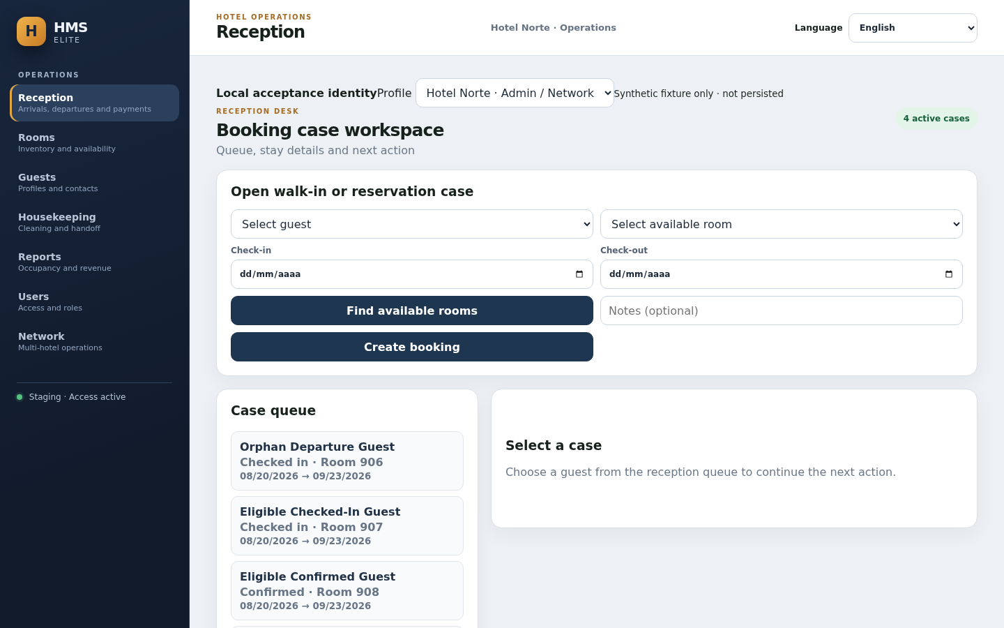 Current HMS Cloudflare reception workspace for managing hotel reservations.