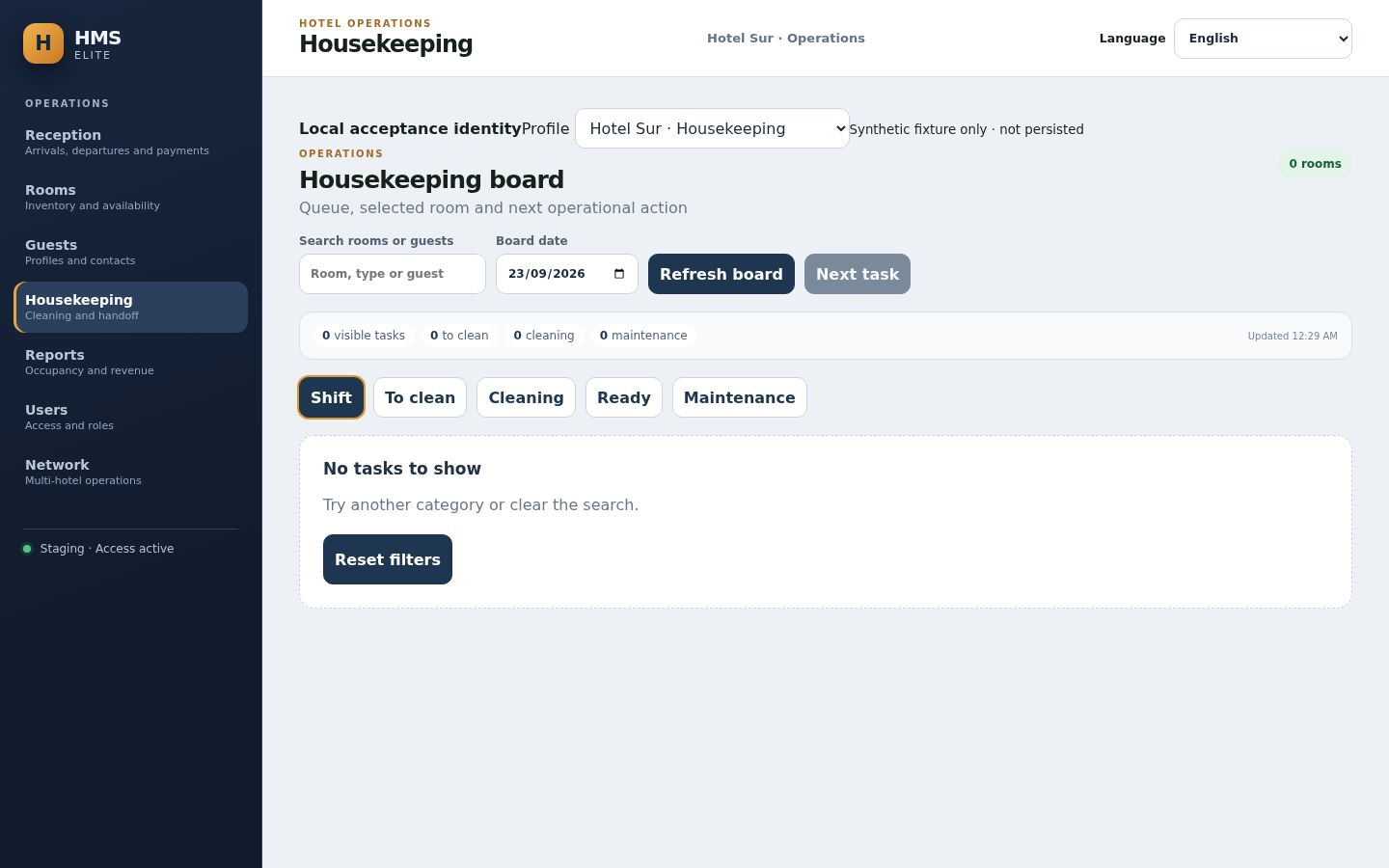 HMS Cloudflare integrated housekeeping workflow captured by Playwright.