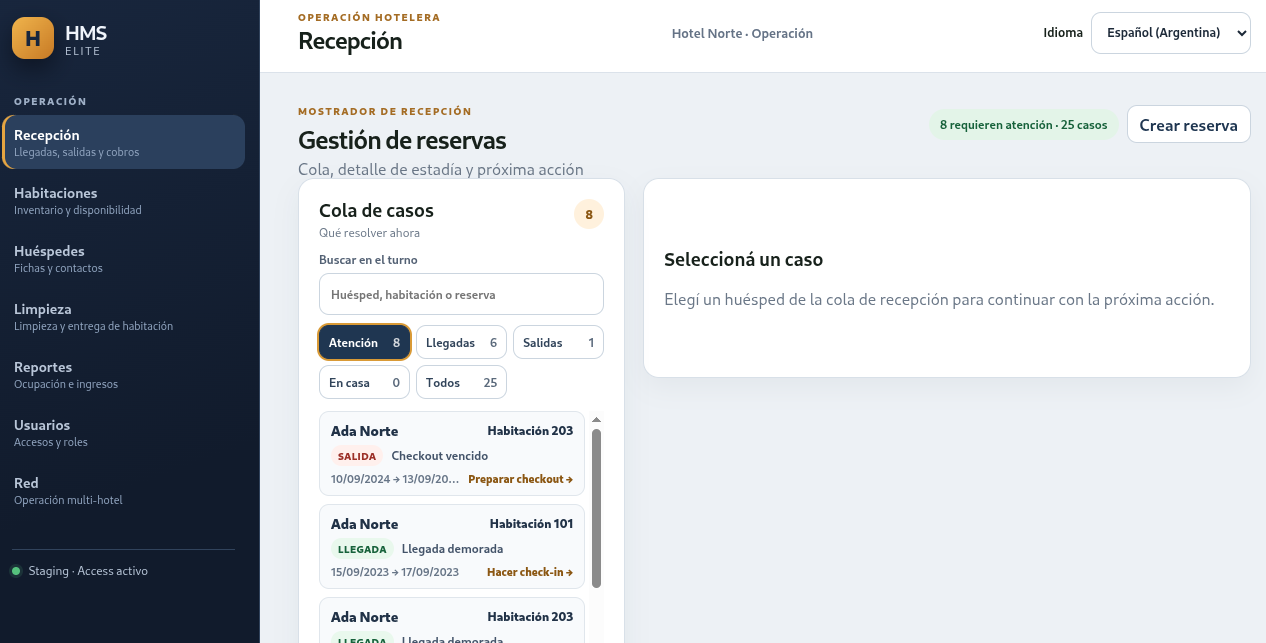 Current HMS Elite interface for managing hotel reservations from the front desk.