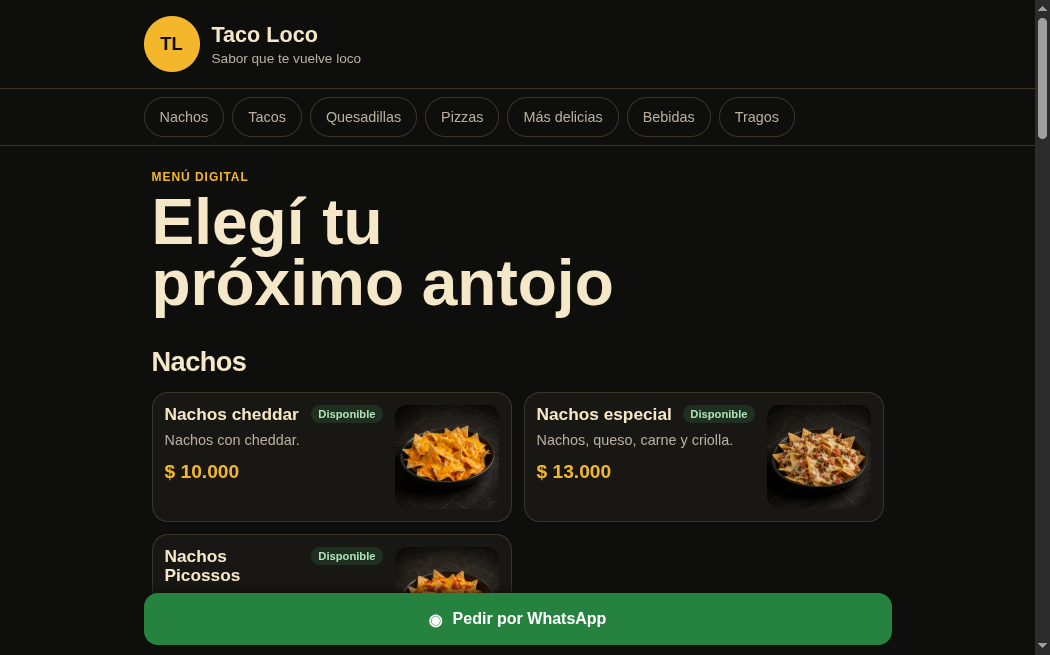 Taco Loco Foodtrack digital menu on desktop, showing the food catalog and MVP selection experience.
